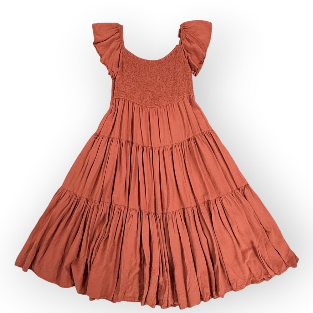 WISHLIST Smocked Bodice Tiered Maxi Dress Womens L Rust Ruffle Boho Flowy - Picture 2 of 8